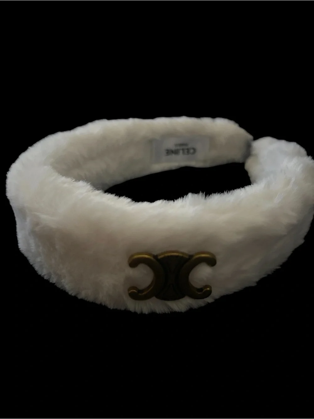 Cream Faux Fur Headband with Gold Double Motif